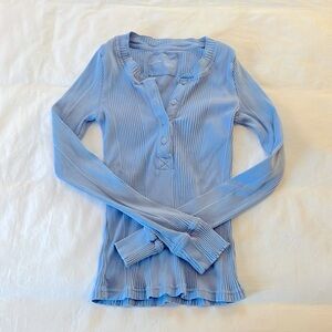 Aerie Cotton Rib Long Sleeve Henley in Light Blue. Size Small.